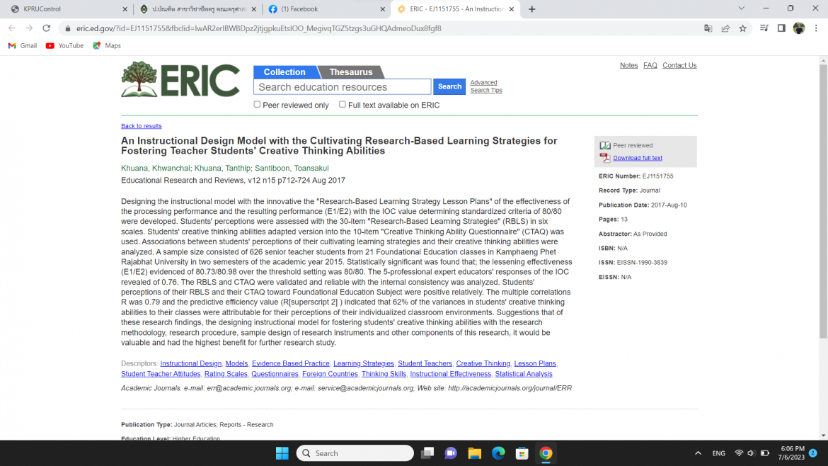An Instructional Design Model with the Cultivating Research-Based Learning Strategies for Fostering Teacher Students' Creative Thinking Abilities